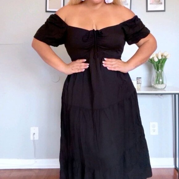 Plus Size Summer Dresses Sweetheart Neck with Drawstring and Puff Sleeve Casual - Picture 2 of 14